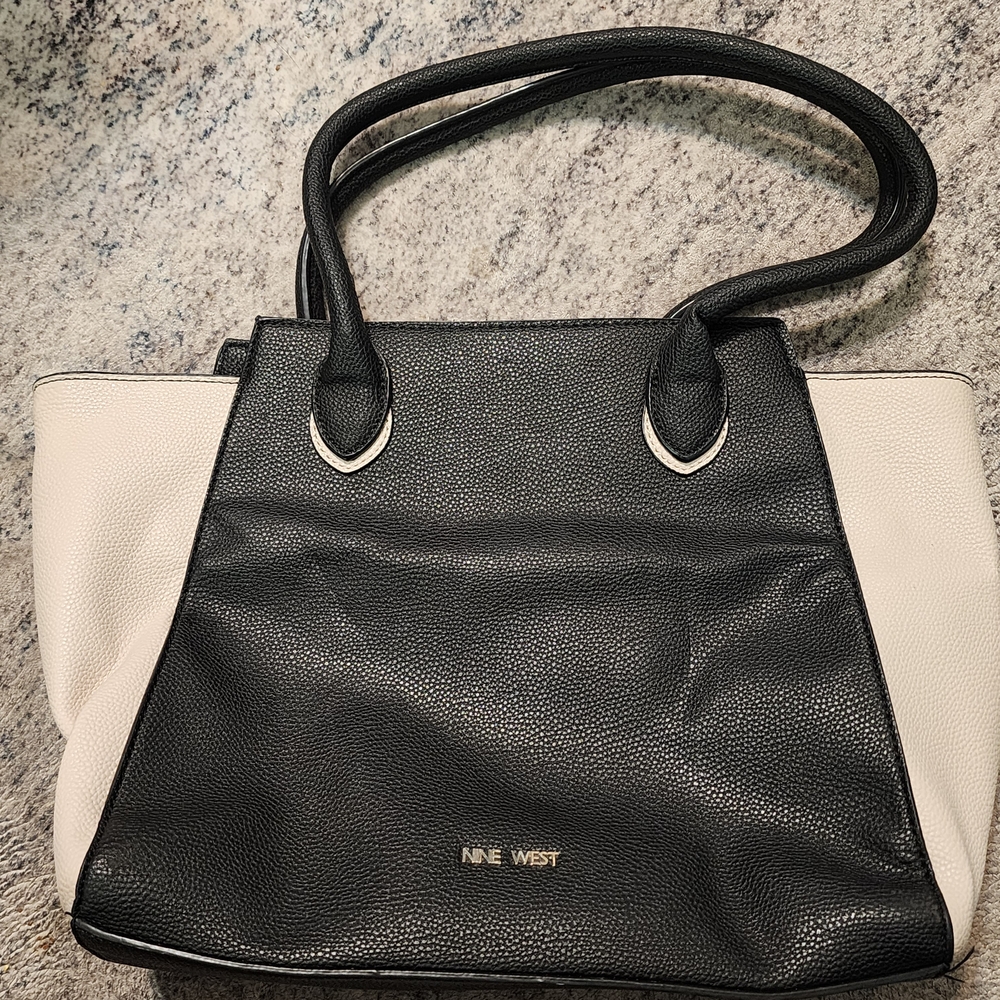 Nine West Black and Cream Pebbled Tote with Gold Accent